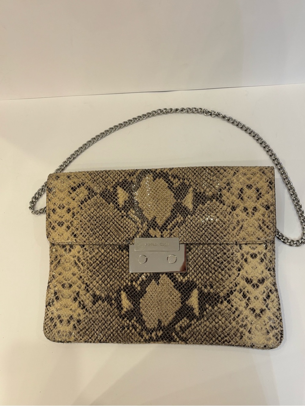 Michael Kors Python-Print Crossbody Bag in Beige and Brown with Silver Chain